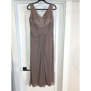 NEW Ignite Evenings Carol Lin Cafe Brown Beaded Ruched Chiffon Gown Dress 12